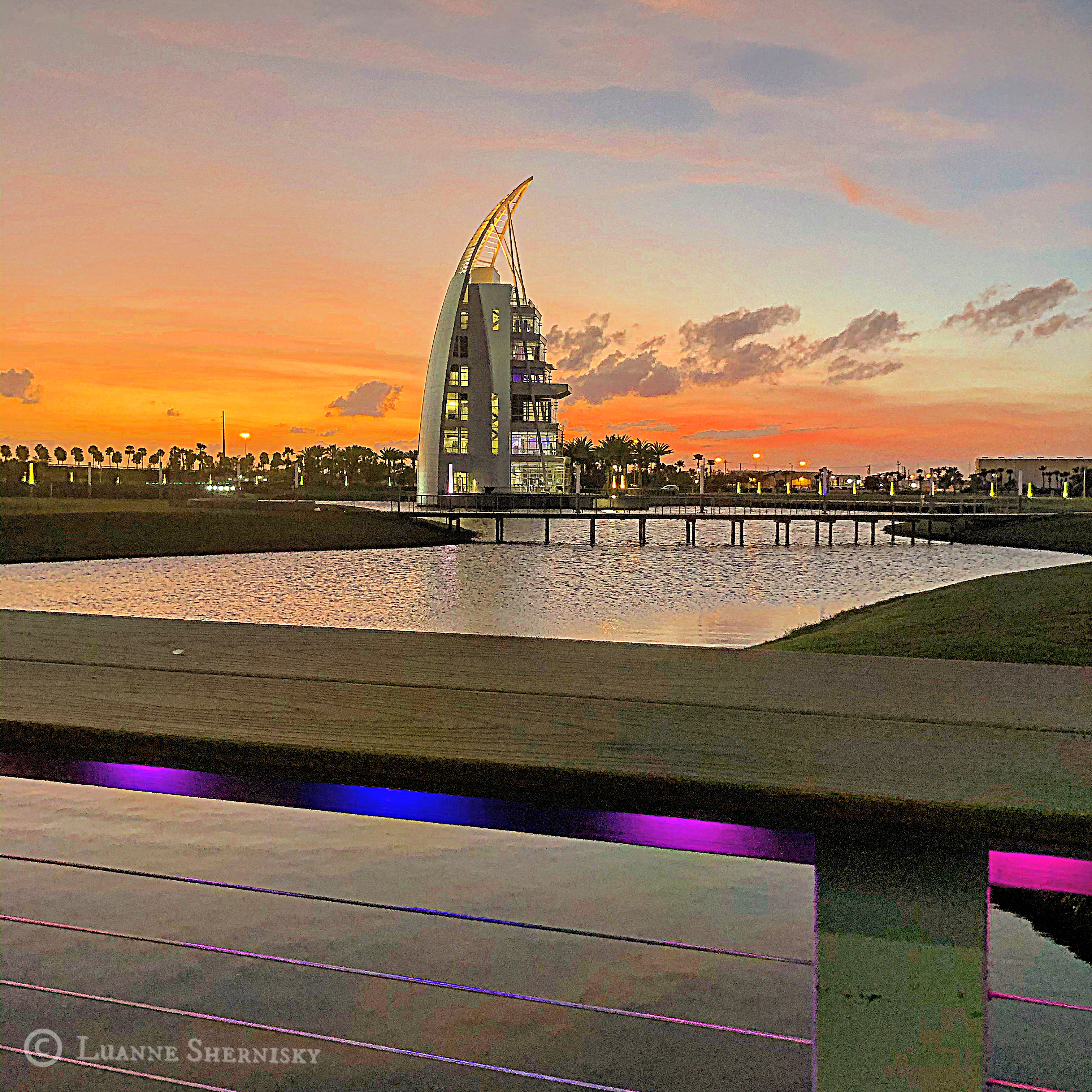 Exploration Tower in Port Canaveral, with beautiful sunset in background.